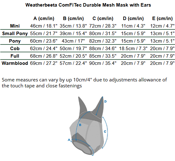 2025 Weatherbeeta Durable MM With Ears  Tableau des tailles